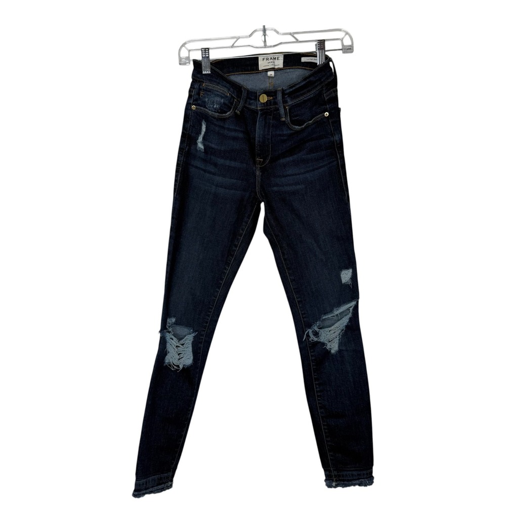 Frame Le High Skinny Montclair Jeans Size 24 Dark Wash Distressed Raw Hem S